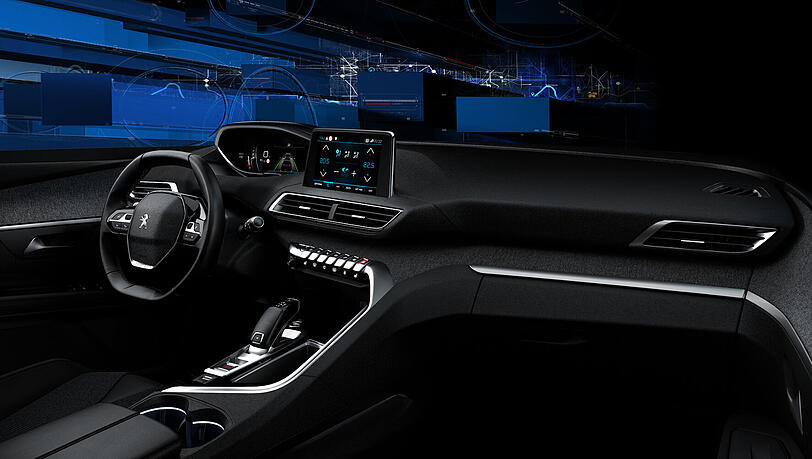 Auf Schalter und Knöpfe im Armaturenbrett verzichtet Peugeot beim i-Cockpit 2.0 fast völlig. Die Bedienung erfolgt in erster Linie über den zentralen Touchscreen. Auf Schalter und Knöpfe im Armaturenbrett verzichtet Peugeot beim i-Cockpit 2.0 fast völlig. Die Bedienung erfolgt in erster Linie über den zentralen Touchscreen.