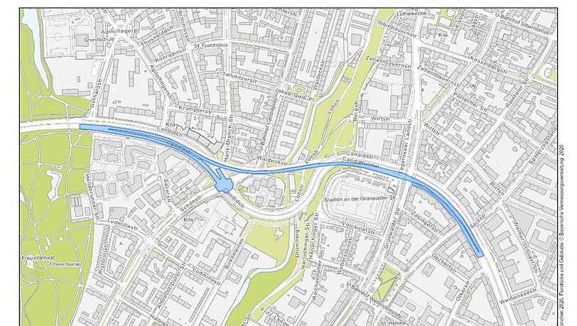 Im blau markierten Abschnitt erneuert das Baureferat die Fahrbahn und verbessert die Entwässerung. Zwischen Grünwalder Straße und Otkerstraße entsteht außerdem eine neue Radverkehrsanlage, die die bereits bestehenden Radwege verbindet. Im blau markierten Abschnitt erneuert das Baureferat die Fahrbahn und verbessert die Entwässerung. Zwischen Grünwalder Straße und Otkerstraße entsteht außerdem eine neue Radverkehrsanlage, die die bereits bestehenden Radwege verbindet.