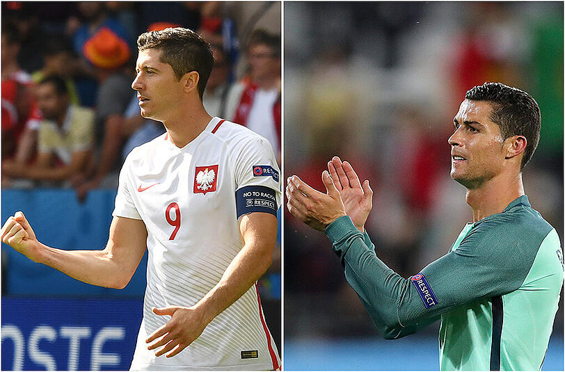 Machen den Viertelfinal-Anfang: Polens Robert Lewandowski (l.) gegen Cristiano Ronaldo aus Portugal.