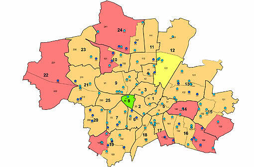 Aktueller Stand: So sind die Krippenplätze derzeit verteilt in der Stadt. Der wohnungsnahe Versorgungsgrad liegt in der gesamten Stadt durchschnittlich bei ca. 27,1 %; das Minimum ist hierbei 12,51 %, das Maximum: ca. 45,6 %. Wie die Stadtteile versorgt sind, und wo wieviel getan werden soll: dazu einfach weiterklicken!