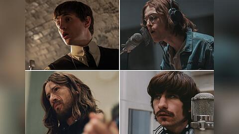 Paul Mescal als Paul McCartney, Harris Dickinson als John Lennon, Joseph Quinn als George Harrison und Barry Keoghan als Ringo Starr (v.l.o.n.r.u.).