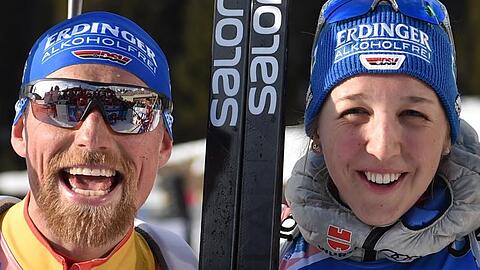 Erik Lesser (l) und Franziska Preuss freuen sich im Ziel über WM-Silber.