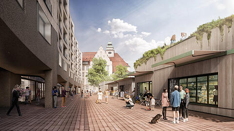 Blick auf den neuen Markt: Gut erkennbar, die begrünten Dächer.