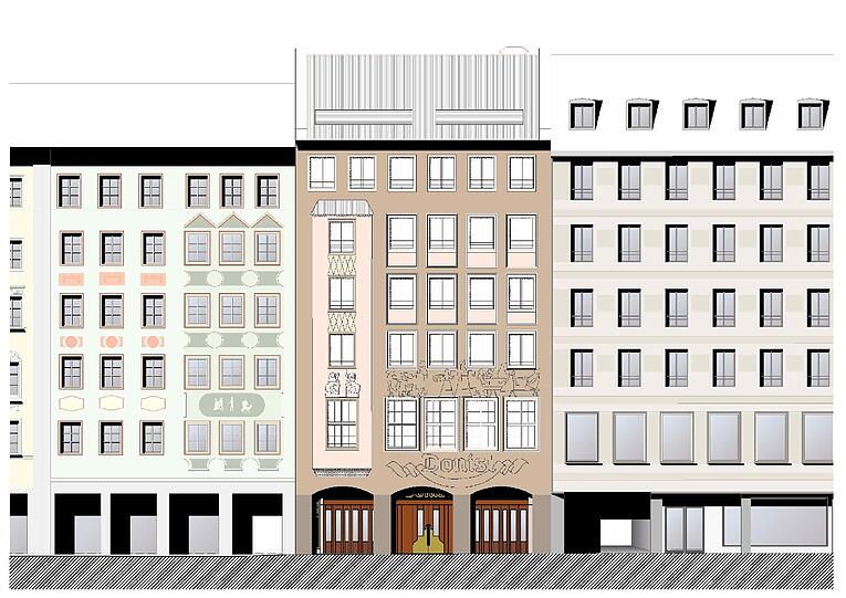 Die Fassade des Traditionshauses wird nicht abgerissen, sondern bleibt erhalten - einschließlich des Freskos von Max Lacher und der Löwenskulptur von Marlene Neubauer-Woerner. Auch das macht den Abriss so kompliziert.