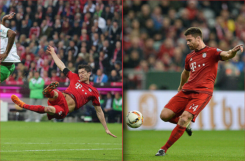 Gewinnt ein Bayern-Spieler den Preis für das beste Tor des Jahres? Nominiert sind Robert Lewandowski (l.) und Xabi Alonso.