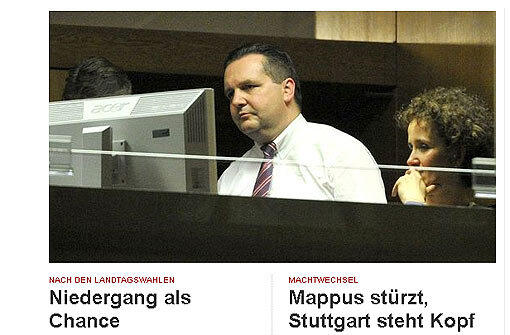 Die Online-Ausgabe der Zeit sieht die Götterdämmerung gekommen: "Von Stefan Mappus als konservativer Hoffnung der CDU bleibt nur noch ein Schatten. Die FDP: zerstoben." Den Grünen bescheinigt die Zeit, nah am Wähler zu sein: "Die Grünen haben die Bürger zweimal ernst genommen: In ihrem Wunsch nach Beteiligung am Projekt Stuttgart 21 und in ihrer Warnung vor dem nuklearen Risiko."