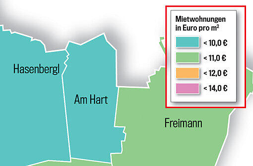 So teuer ist Wohnen in München! Die Münchner Stadtviertel sind in dieser Grafik je nach Quadratmeterpreis eingefärbt. Klicken Sie einfach durch die Quartiere.