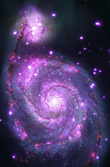 Die "Whirlpool-Galaxie" - eine Komposition aus Aufnahmen von "Hubble" (rot, grün und blau) und dem Röntgenteleskop Chandra (lila).
