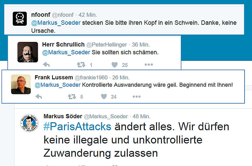"Sie sollten sich schämen" - Twitter-User reagieren verärgert auf Söders geschmacklosen Post zu den Pariser Anschlägen.