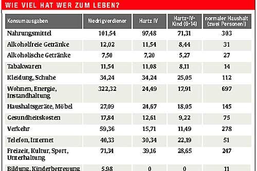 &ldquo;Niedrigverdiener&ldquo;: Das unterste Fünftel der Gesellschaft &ndash; die realen Ausgaben eines alleinstehenden Erwachsenen. Hartz IV: der Standard-Satz für einen Erwachsenen. Die Kinder-Sätze sind davon 60 Prozent (0-6), 70 Prozent (6-14) oder 80 Prozent (14-18). In der letzten Spalte die realen Ausgaben des durchschnittlichen deutschen Haushalts mit 2,1 Bewohnern (also nicht wie davor pro Person). Quelle: EVS 2003