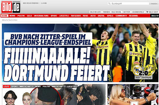 Bild&ldquo; jubelt: &bdquo;Borussi-JAAAAAAAAAA! Aber was war das für ein wahnsinniges Spiel! Bis sieben Minuten vor Schluss steht es 0:0, die BVB-Fans feiern nach der 4:1-Gala im Hinspiel schon. Dann treffen Benzema (83.) und Ramos (88.) zum 2:0. Noch ein Tor &ndash; und Dortmund ist raus! Doch nach sechs Minuten Zittern in der Nachspielzeit gibt es nur noch eines: JUBEL, JUBEL, JUBEL!&ldquo;