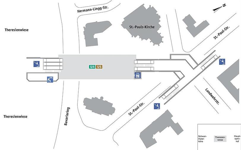 Die Lifts und Rolltreppen des U-Bahnhofs Theresienwiese.