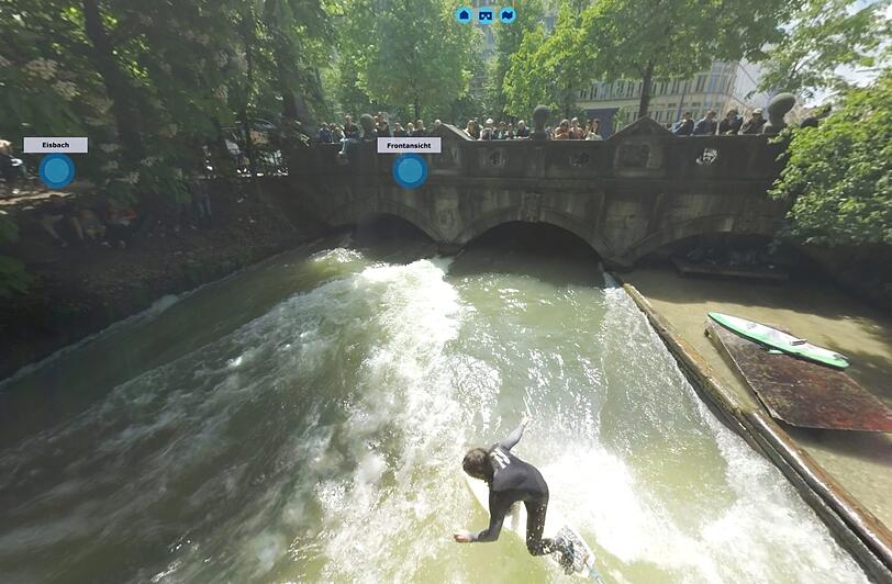 Schulterblick: Die Surf-Welle am Eisbach ist natürlich auch im Bild.