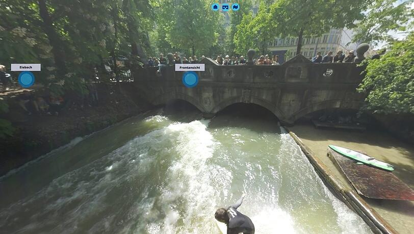 Schulterblick: Die Surf-Welle am Eisbach ist natürlich auch im Bild. Schulterblick: Die Surf-Welle am Eisbach ist natürlich auch im Bild.