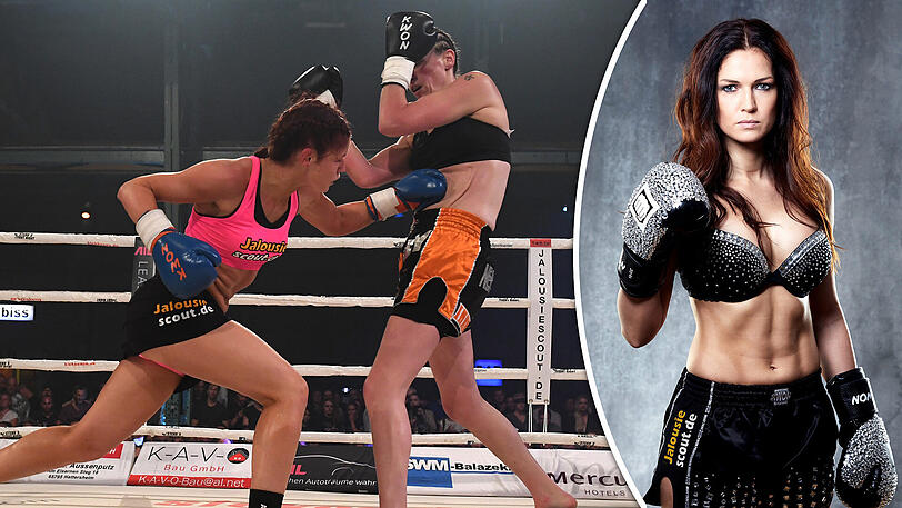 Links: Marie Lang (l) bei einem WKU Kickboxweltmeisterschaftskampf -62,5 kg gegen Claire Clements (ENG) im Münchner Zenith. Rechts: Die Kickbox-Schönheit mit neuer Oberweite.