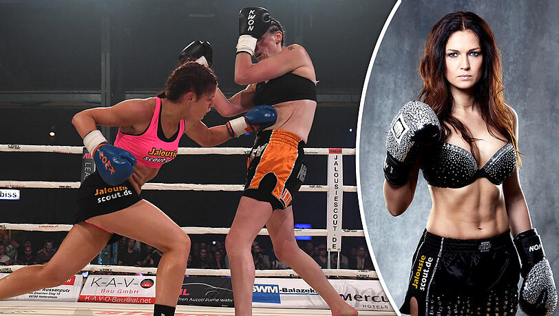 Links: Marie Lang (l) bei einem WKU Kickboxweltmeisterschaftskampf -62,5 kg gegen Claire Clements (ENG) im Münchner Zenith. Rechts: Die Kickbox-Schönheit mit neuer Oberweite. Links: Marie Lang (l) bei einem WKU Kickboxweltmeisterschaftskampf -62,5 kg gegen Claire Clements (ENG) im Münchner Zenith. Rechts: Die Kickbox-Schönheit mit neuer Oberweite.