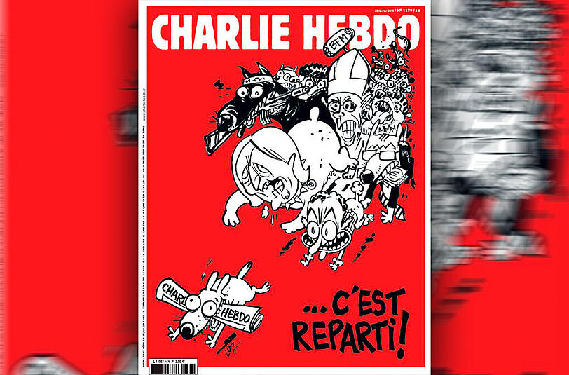 Das Cover des neuen "Charlie Hebdo"-Magazins. Der Terroranschlag auf die Redaktion in Paris liegt jetzt sieben Wochen zurück.