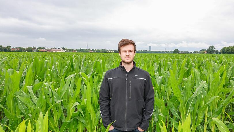 Martin Zech Junior (22) im sechs Hektar großen Maisfeld seiner Familie, das gleich hinter der Feldmochinger Kirche liegt, auf Stadtgebiet. Im Hintergrund sind der Olympiaturm und der O2-Tower zu sehen.