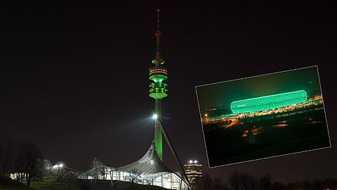 München leuchtet: Anlässlich des St. Patrick's Days erstrahlen die Allianz Arena und der Olympiaturm in grün. Sehen Sie hier die schönsten Beleuchtungen der Arena.
