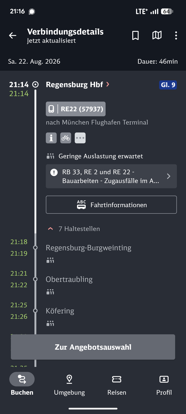 Laut Auskunft des DB Navigators ist der Zug schon fast am ersten Halt in Regensburg-Burgweinting. Die AZ saß drin und weiß: Die Bahn stand noch in Regensburg am Hauptbahnhof. Laut Auskunft des DB Navigators ist der Zug schon fast am ersten Halt in Regensburg-Burgweinting. Die AZ saß drin und weiß: Die Bahn stand noch in Regensburg am Hauptbahnhof.