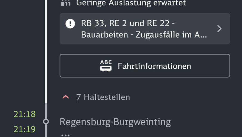 Laut Auskunft des DB Navigators ist der Zug schon fast am ersten Halt in Regensburg-Burgweinting. Die AZ saß drin und weiß: Die Bahn stand noch in Regensburg am Hauptbahnhof. Laut Auskunft des DB Navigators ist der Zug schon fast am ersten Halt in Regensburg-Burgweinting. Die AZ saß drin und weiß: Die Bahn stand noch in Regensburg am Hauptbahnhof.