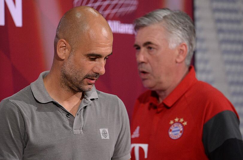 Traf mit ManCity im Sommer beim Testspiel in München (0:1) auf seinen Nachfolger Carlo Ancelotti (r.): Pep Guardiola (l.).