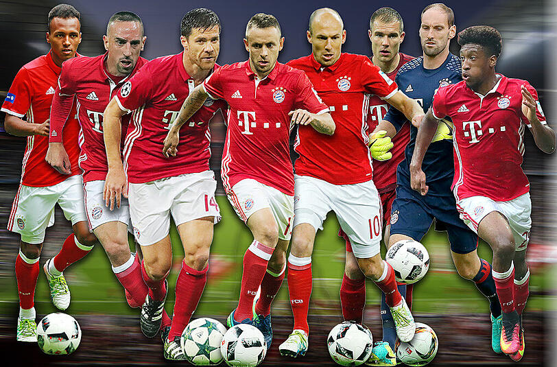 Noch bis (mindestens) Saisonende beim FC Bayern beschäftigt (v.l.): Julian Green, Franck Ribéry, Xabi Alonso, Rafinha, Arjen Robben, Holger Badstuber, Tom Starke, Kingsley Coman.