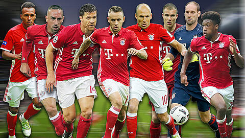 Noch bis (mindestens) Saisonende beim FC Bayern beschäftigt (v.l.): Julian Green, Franck Ribéry, Xabi Alonso, Rafinha, Arjen Robben, Holger Badstuber, Tom Starke, Kingsley Coman.