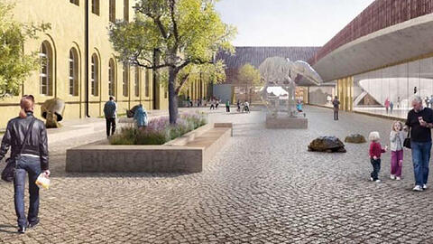Dino-Skelett optional: Der Neubau für Biotopia &ndash; großer Nachfolger an der Stelle des Museum Mensch und Natur &ndash; soll auf sich aufmerksam machen, ohne das Schloss-Ensemble zu zerstören