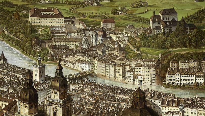 Johann Michael Sattler zog mit seinem Salzburg-Panorama - hier der Blick auf die Altstadt - durch ganz Europa. Vor 200 Jahren war das die perfekte Tourismus-Werbung. Johann Michael Sattler zog mit seinem Salzburg-Panorama - hier der Blick auf die Altstadt - durch ganz Europa. Vor 200 Jahren war das die perfekte Tourismus-Werbung.