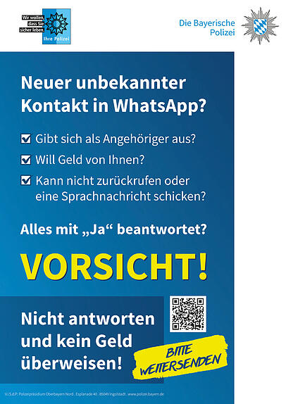 Die Polizei München warnt vor einer aktuellen Betrugsmasche. Unbekannte Täter nehmen hierbei Kontakt über Messenger-Dienste auf und geben sich als Angehörige aus. Dabei wird regelmäßig angegeben, dass die angezeigte Rufnummer die neue Erreichbarkeit der Angehörigen sei. Im Anschluss wird die Überweisung von Geldbeträgen erbeten, da man sich in einer Notlage befinde oder aktuell selbst keine Überweisungen vornehmen könne.