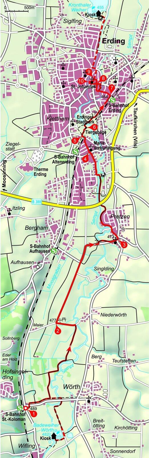 Die Wanderroute rund um Erding.