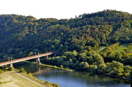 Die Eisenbahnbrücke der "Kanonenbahn" überquert bei Ediger die Mosel.