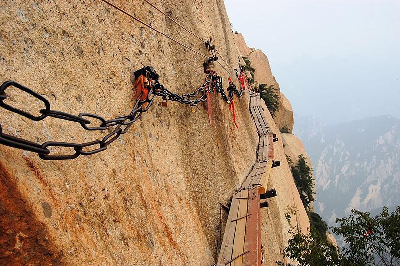 Der ber&uuml;hmte "Plank Walk" am Hua Shan bei Xi'an gilt als einer der spektakul&auml;rsten und zugleich gef&auml;hrlichsten Bergpfade der Welt. &Uuml;ber schmale Holzbohlen, die an einer Felswand befestigt sind, geht es in luftiger H&ouml;he entlang - zwar inzwischen mit einem Gurt gesichert, dennoch nicht ohne Risiko. Mutige Wanderer werden mit einem atemberaubenden Panoramablick &uuml;ber die Bergwelt Chinas belohnt.