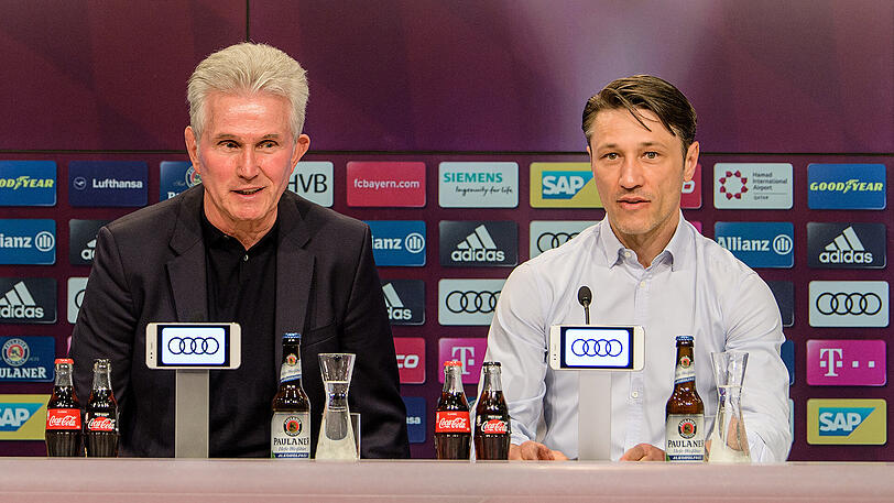 Der aktuelle und der kommende Bayern-Trainer: Jupp Heynckes (l.) und Niko Kovac bestreiten die Pressekonferenz gemeinsam.