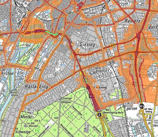 Ruhiges Harlaching. Das ist die Lärmkarte des Bayerischen Landesamts für Umwelt. Rot und orange stehen für Lärm.