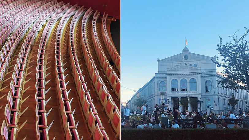 Im Nationaltheater und vor dem Gärtnerplatztheater: Das leere Parkett der Staatsoper bei einem Konzert am Montag und Feiernde vor dem anderen Münchner Musiktheater. Im Nationaltheater und vor dem Gärtnerplatztheater: Das leere Parkett der Staatsoper bei einem Konzert am Montag und Feiernde vor dem anderen Münchner Musiktheater.