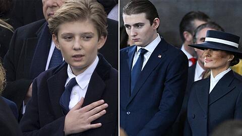 Barron Trump (l.) bei der Amtseinführung 2017 und acht Jahre später. Längst überragt er seine Mutter Melania.