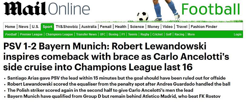 "PSV 1-2 Bayern München: Robert Lewandowski dreht das Spiel mit Klasse und Carlo Ancelottis Mannschaft zieht in die letzten 16 in der Champions League ein" - Daily Mail
