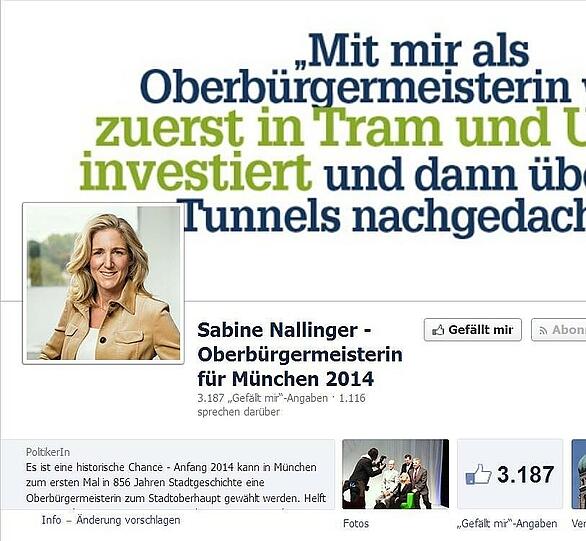 Sabine Nallinger firmiert auf Facebook nicht nur unter ihrem Namen, sondern mit dem Zusatz &bdquo;Oberbürgermeisterin für München 2014&ldquo;. Über 3000 Usern gefällt das.
