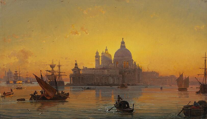 Idylle ohne Dampfschiffe: In den 1840er Jahren ist Friedrich Nerlys Gemälde "Abendstimmung in Venedig mit Santa Maria della Salute" entstanden. Und man will heute noch in diese Farbfluten eintauchen.