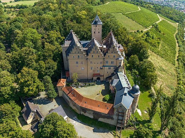 Sommerlicher Blick auf Schloss Mainberg bei Schweinfurt (Luftaufnahme mit einer Drohne). Die Gemeinde Schonungen in der Nähe von Schweinfurt sucht einen neuen Besitzer für das Schloss Mainberg, in dem Gunter Sachs geboren wurde. Sommerlicher Blick auf Schloss Mainberg bei Schweinfurt (Luftaufnahme mit einer Drohne). Die Gemeinde Schonungen in der Nähe von Schweinfurt sucht einen neuen Besitzer für das Schloss Mainberg, in dem Gunter Sachs geboren wurde.