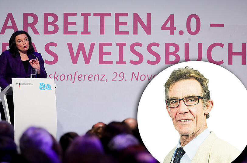 AZ-Korrespondent Claus Schöner. Im Hintergrund ist Bundesarbeitsministerin Andrea Nahles (SPD) zu sehen. Sie stellte in Berlin Vorschläge für die Zukunft der Arbeit im digitalen Zeitalter vor.