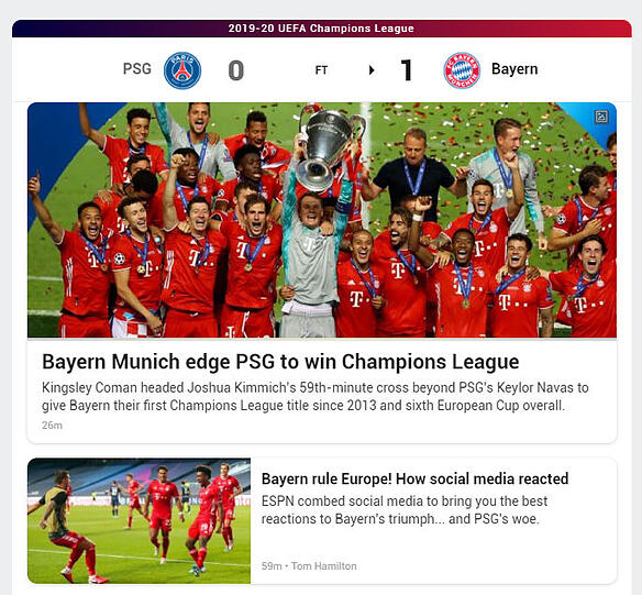 "espn.com": "Bayern München schlägt PSG und gewinnt die Champions League" und drunter: "Bayern regiert Europa - wie Social Media reagiert".