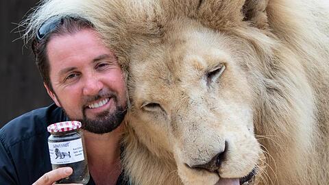 Martin Lacey, Löwen- und Tigerdompteur im Circus Krone, steht neben seinem Löwen King Tonga. Foto: Sven Hoppe/dpa/Archivbild