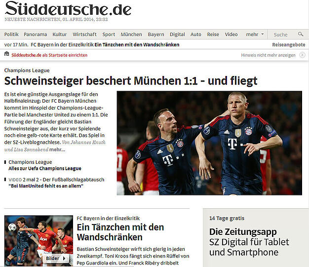 süddeutsche.de: Schweinsteiger beschert München 1:1 - und fliegt