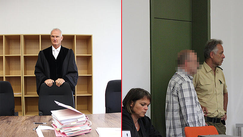 Er bleibt trotz allem gelassen: Richter Gilbert Wolf (linkes Bild). Nach der Ordner-Attacke: Verteidigerin Annette von Stetten und Peter R. (48) in der Verhandlungspause.