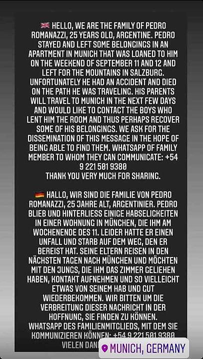 Mit diesem Post auf Instagram sucht die Familie nach der Wohnung, in der Pedro wohnte. Mit diesem Post auf Instagram sucht die Familie nach der Wohnung, in der Pedro wohnte.