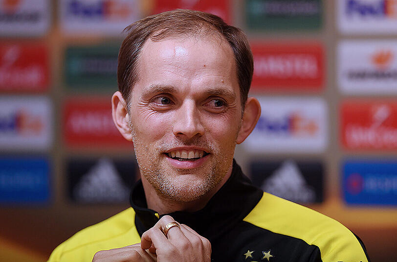 Borussia Dortmunds Trainer Thomas Tuchel am Mittwoch bei der Euorpa-League-PK in Liverpool.