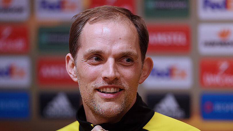 Borussia Dortmunds Trainer Thomas Tuchel am Mittwoch bei der Euorpa-League-PK in Liverpool. Borussia Dortmunds Trainer Thomas Tuchel am Mittwoch bei der Euorpa-League-PK in Liverpool.